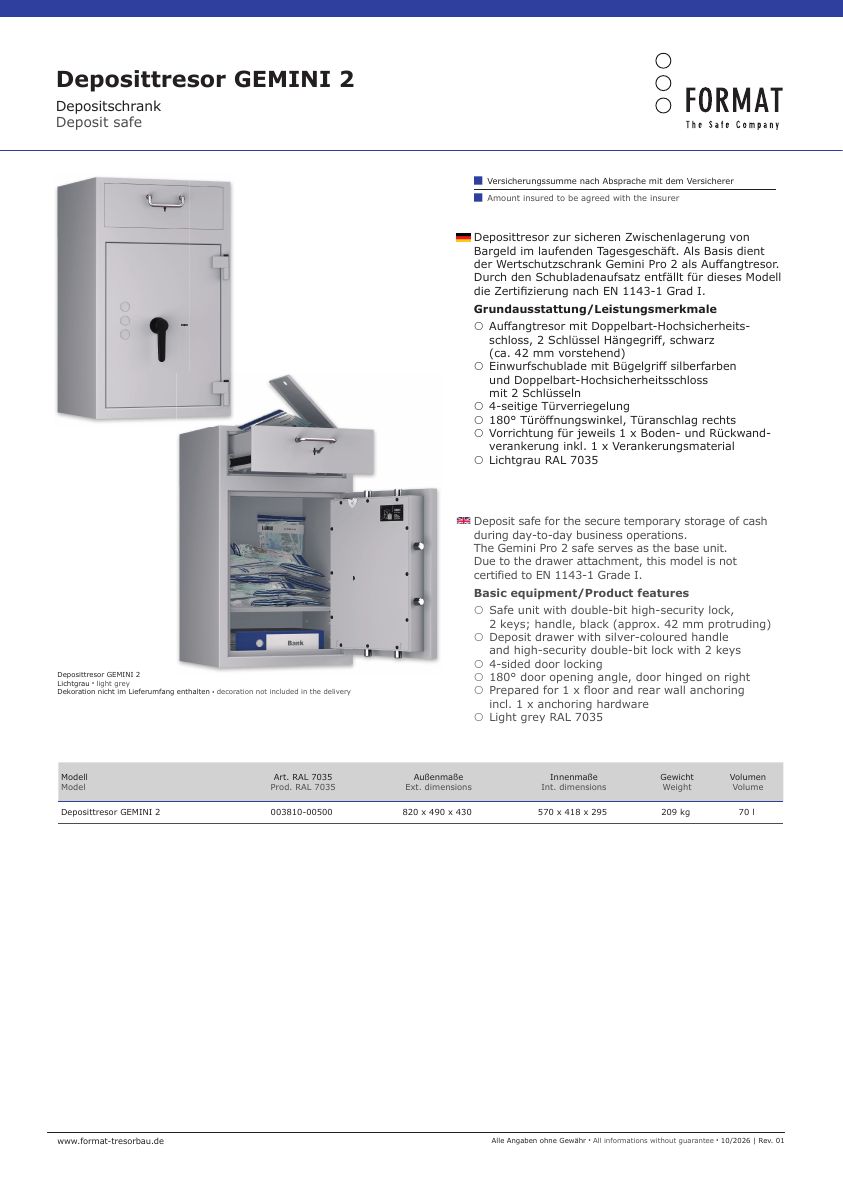 Datenblatt Deposittresor GEMINI 2