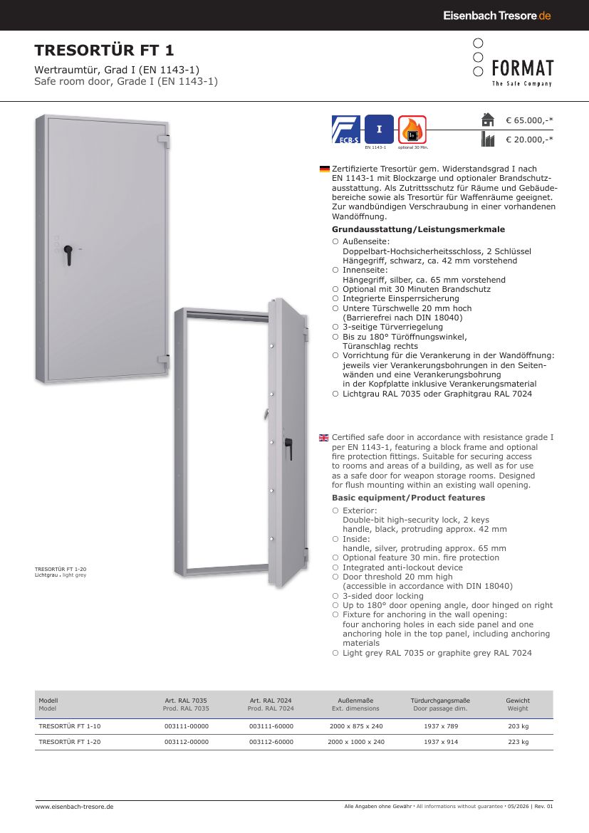 Eisenbach Tresore Datenblatt TRESORTÜR FT 1