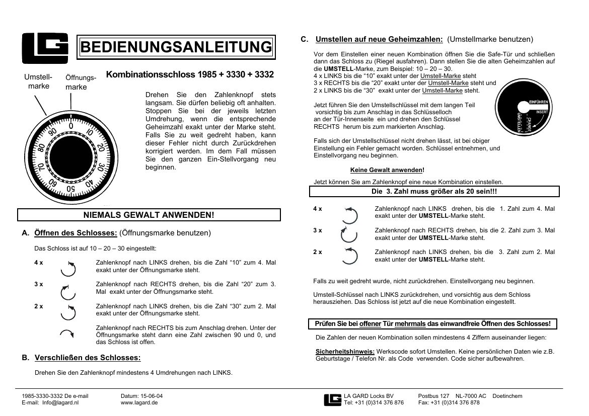 Mechanisches Zahlenschloss La Gard 1985 / 3330 / 3332